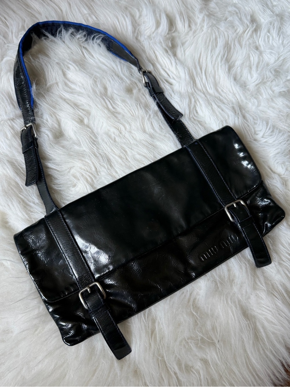 Vintage Miu Miu Blue Black Shiny Leather Wet Look Buckle Mini Shoulder Bag - Picture 9 of 14